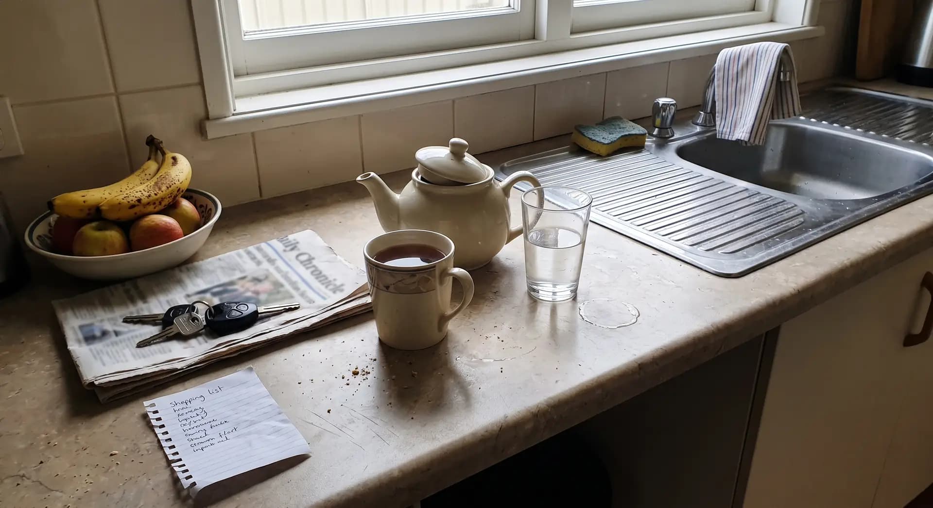 A kitchen bench in the morning with tea and the day ahead